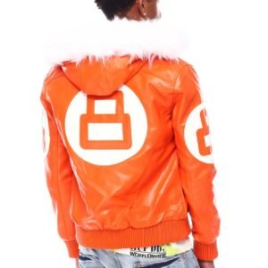 Mens Orange 8 Ball Bomber Faux Fur Hooded Leather Jacket 3