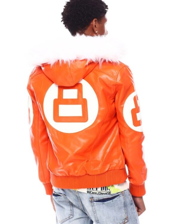 Mens Orange 8 Ball Bomber Faux Fur Hooded Leather Jacket 3