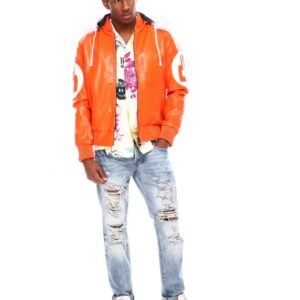 Mens Orange 8 Ball Bomber Faux Fur Hooded Leather Jacket 4