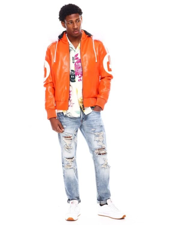 Mens Orange 8 Ball Bomber Faux Fur Hooded Leather Jacket 4