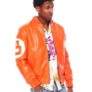 Mens Orange 8 Ball Bomber Faux Fur Hooded Leather Jacket 5