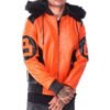 Mens OrangeBlack 8 Ball Bomber Hooded Leather Jacket 1