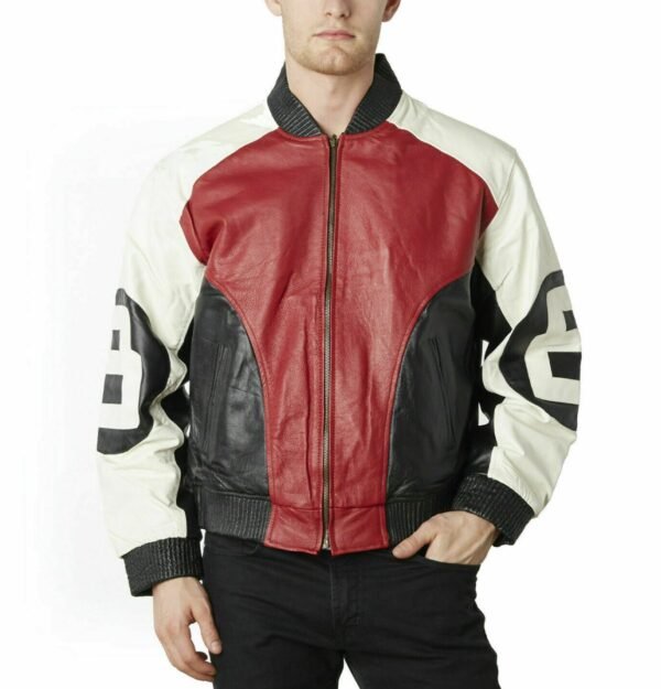 Mens Red Seinfeld 8 Ball Bomber Leather Jacket 1