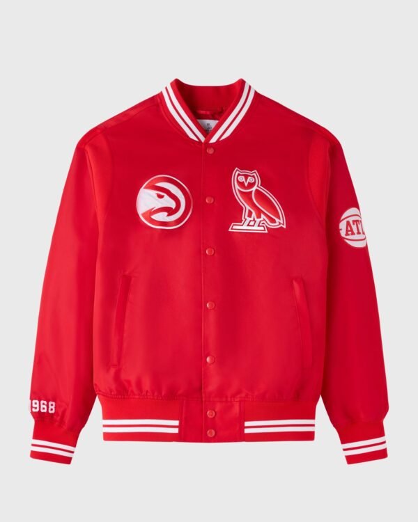 OVO NBA Atlanta Hawks Satin Varsity Jacket Red 1