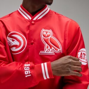 OVO NBA Atlanta Hawks Satin Varsity Jacket Red 11