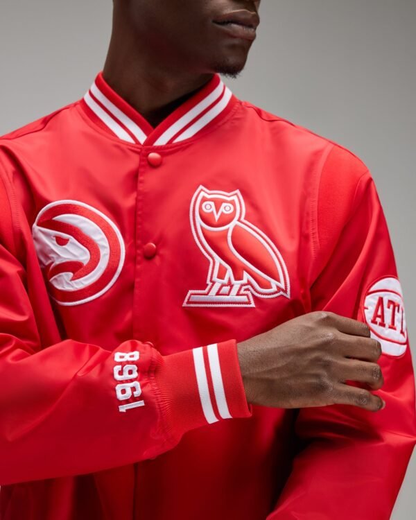 OVO NBA Atlanta Hawks Satin Varsity Jacket Red 11