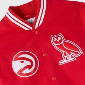 OVO NBA Atlanta Hawks Satin Varsity Jacket Red 2