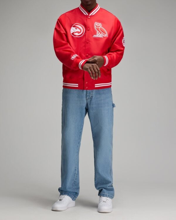 OVO NBA Atlanta Hawks Satin Varsity Jacket Red 8