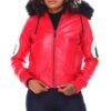 Womens Red 8 Ball Bomber Hooded Leather Jacket 1