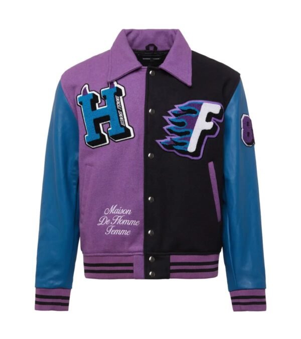 World Champs Homme Femme Purple Navy Letterman Varsity Jacket 1
