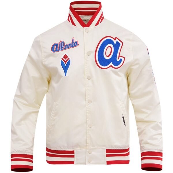 Atlanta Braves Mens White Full Snap Satin Varsity Jacket 1