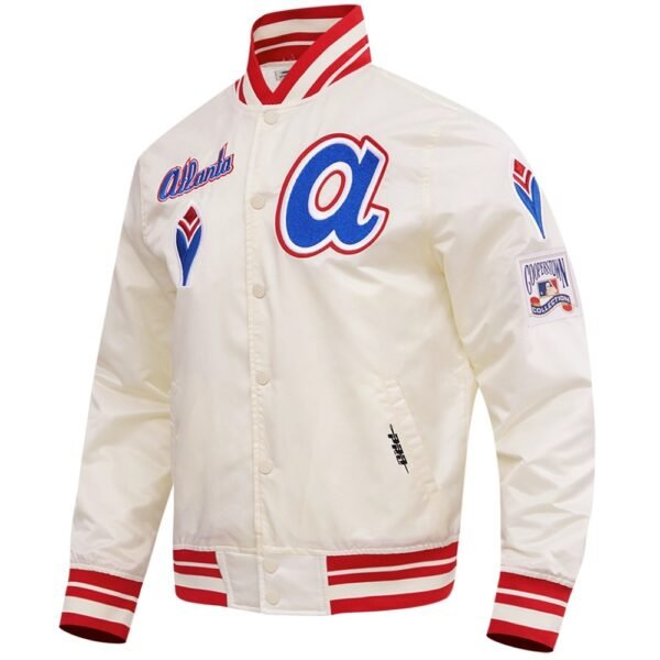 Atlanta Braves Mens White Full Snap Satin Varsity Jacket 2