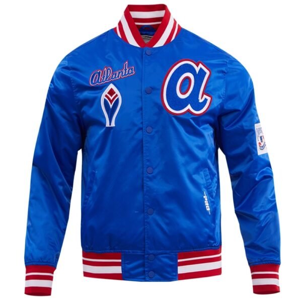 Atlanta Braves Pro Standard Mens Classic Rib Knitted Blue Satin Varsity Jacket 1