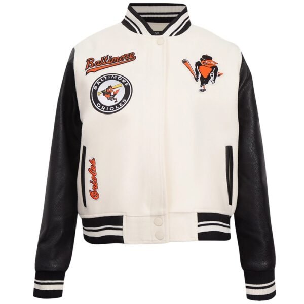 Baltimore Orioles Womens Retro Classic Wool Leather Varsity Jacket WhiteBlack 1