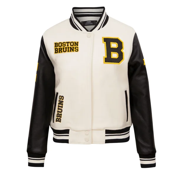 Boston Bruins Pro Standard Womens Retro Classic CreamBlack Wool Leather Varsity Jacket 1