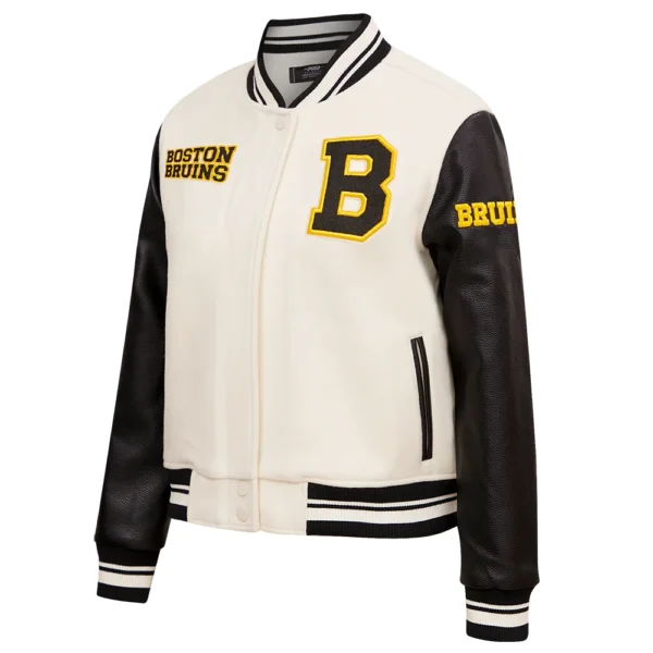 Boston Bruins Pro Standard Womens Retro Classic CreamBlack Wool Leather Varsity Jacket 2