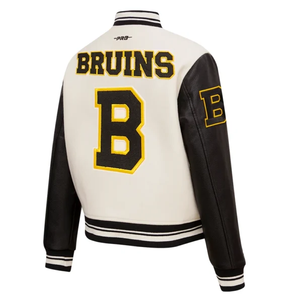 Boston Bruins Pro Standard Womens Retro Classic CreamBlack Wool Leather Varsity Jacket 3