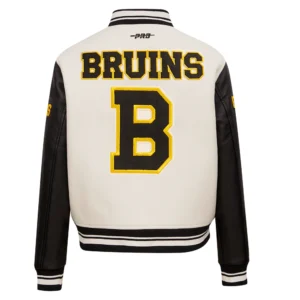 Boston Bruins Pro Standard Womens Retro Classic CreamBlack Wool Leather Varsity Jacket 4