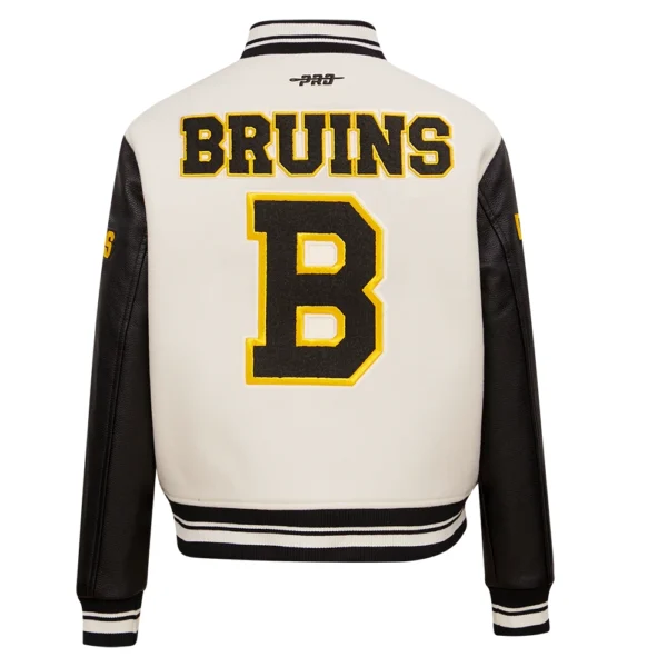 Boston Bruins Pro Standard Womens Retro Classic CreamBlack Wool Leather Varsity Jacket 4
