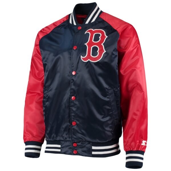 Boston Red Sox Starter The Lead Off Hitter Full Snap Satin NavyRed Varsity Jacket 1