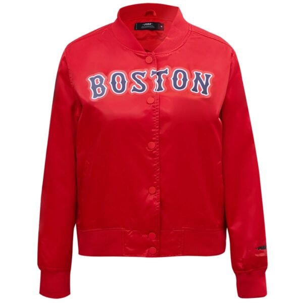 Boston Red Sox Womens Pro Standard Rib Knitted Red Full Snap Satin Varsity Jacket 1