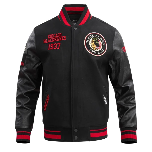 Chicago Blackhawks Pro Standard Classic Black Retro Wool Leather Varsity Jacket 1