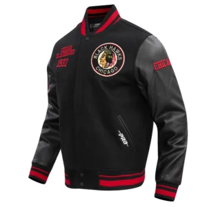 Chicago Blackhawks Pro Standard Classic Black Retro Wool Leather Varsity Jacket 2