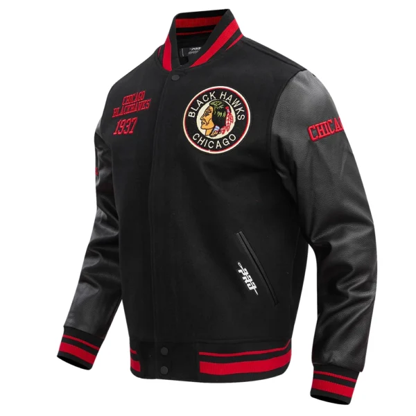 Chicago Blackhawks Pro Standard Classic Black Retro Wool Leather Varsity Jacket 2