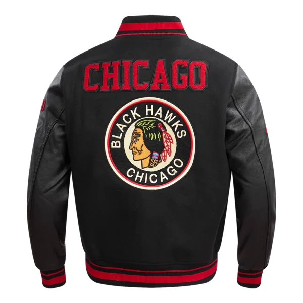 Chicago Blackhawks Pro Standard Classic Black Retro Wool Leather Varsity Jacket 4