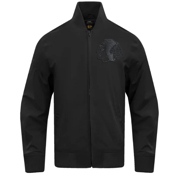 Chicago Blackhawks Pro Standard Neutral Twill Black Full Zip Satin Varsity Jacket 1