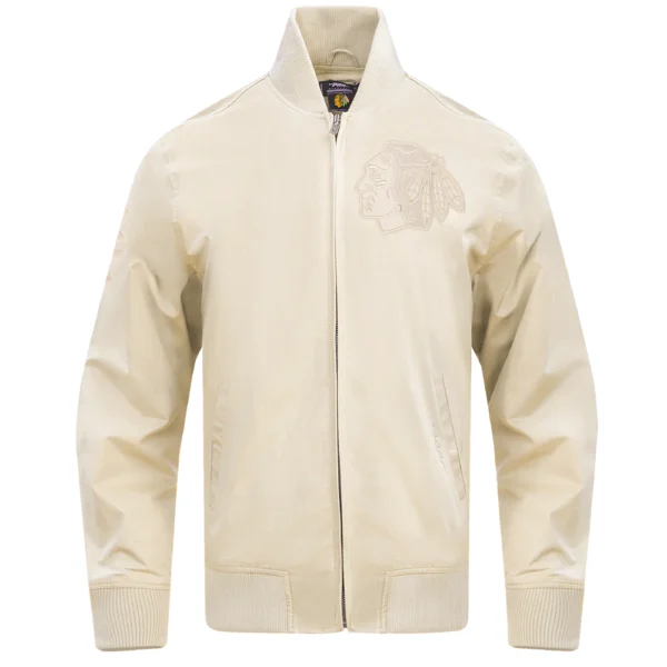 Chicago Blackhawks Pro Standard Neutral Twill Cream Full Zip Satin Varsity Jacket 1