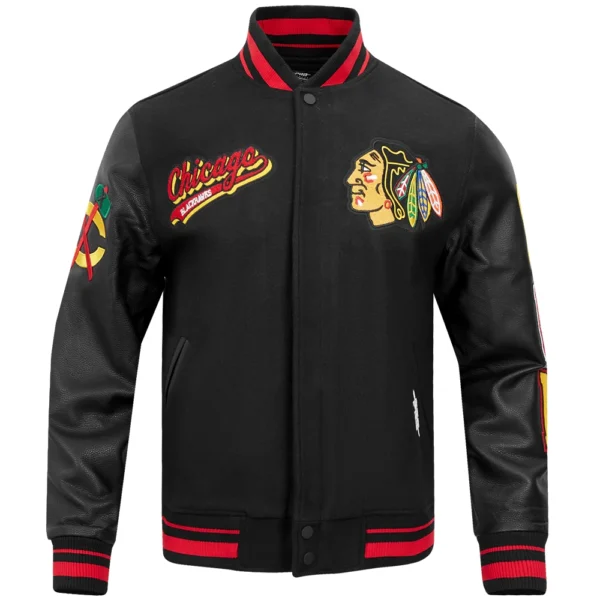 Chicago Blackhawks Pro Standard Script Tail BlackBlack Wool Leather Varsity Jacket 1