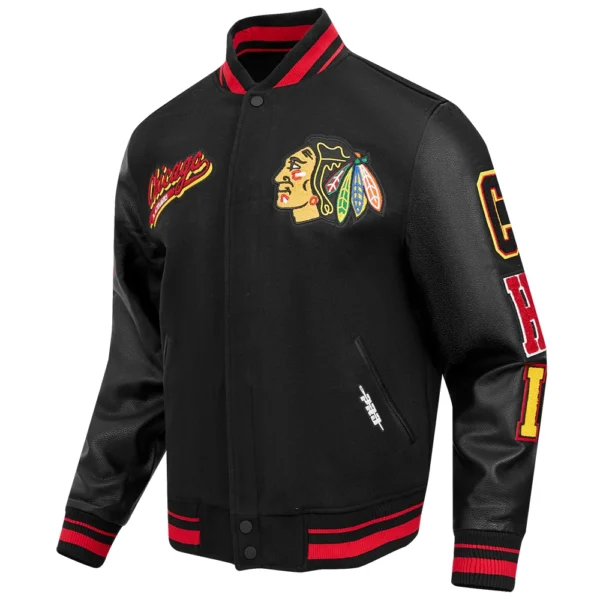 Chicago Blackhawks Pro Standard Script Tail BlackBlack Wool Leather Varsity Jacket 2