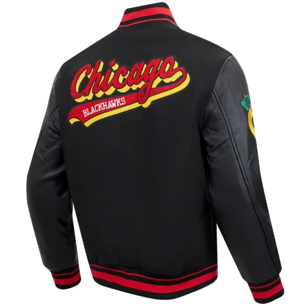 Chicago Blackhawks Pro Standard Script Tail BlackBlack Wool Leather Varsity Jacket 3