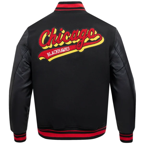 Chicago Blackhawks Pro Standard Script Tail BlackBlack Wool Leather Varsity Jacket 4