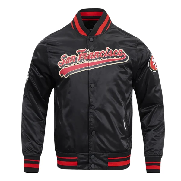 Chicago Blackhawks Pro Standard Script Tail Satin Varsity Black Jacket 1