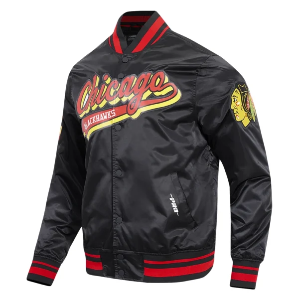 Chicago Blackhawks Pro Standard Script Tail Satin Varsity Black Jacket 2
