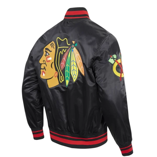 Chicago Blackhawks Pro Standard Script Tail Satin Varsity Black Jacket 3