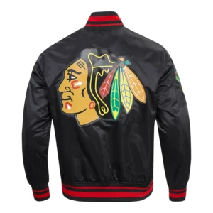 Chicago Blackhawks Pro Standard Script Tail Satin Varsity Black Jacket 4