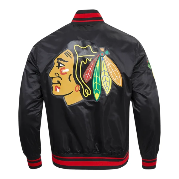 Chicago Blackhawks Pro Standard Script Tail Satin Varsity Black Jacket 4