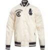 Chicago Cubs Mens Classic White Rib Knitted Satin Varsity Jacket 1