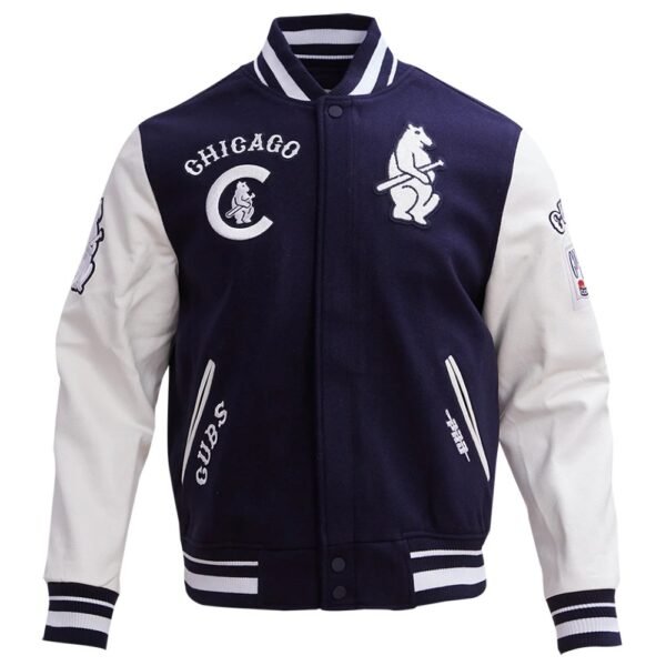 Chicago Cubs NavyWhite Rib Knitted Wool Leather Varsity Jacket 1