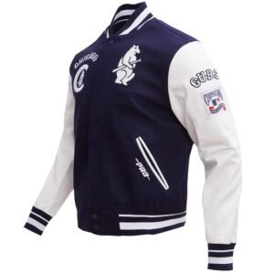 Chicago Cubs NavyWhite Rib Knitted Wool Leather Varsity Jacket 2