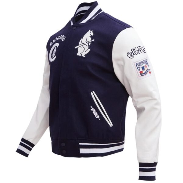 Chicago Cubs NavyWhite Rib Knitted Wool Leather Varsity Jacket 2