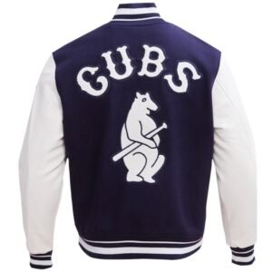 Chicago Cubs NavyWhite Rib Knitted Wool Leather Varsity Jacket 3