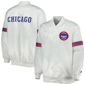 Chicago Cubs Starter Power Forward White Full Snap Satin Varsity Jacket 3