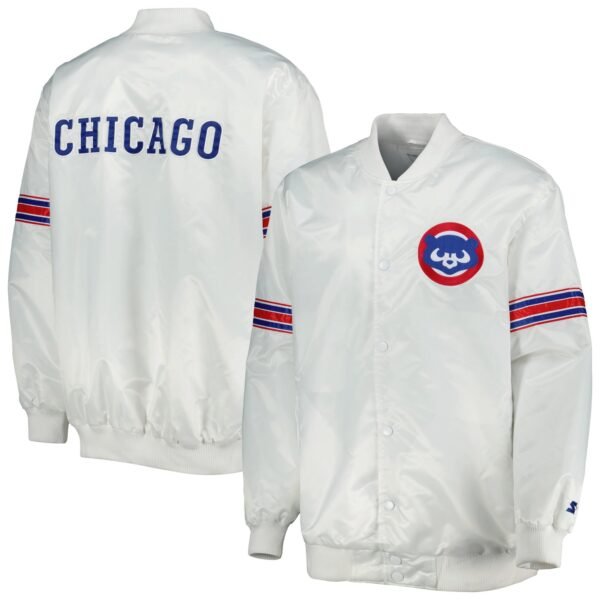 Chicago Cubs Starter Power Forward White Full Snap Satin Varsity Jacket 3