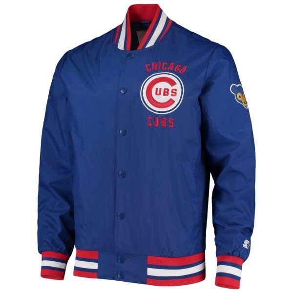 Chicago Cubs Starter The Jet III Full Snap Satin Blue Varsity Jacket 1