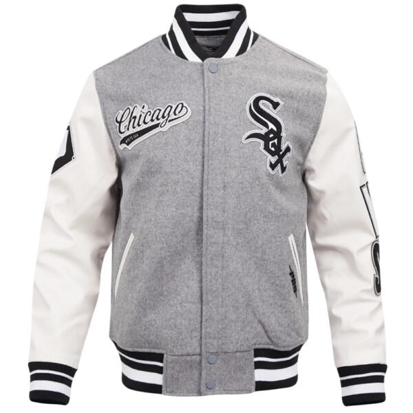 Chicago White Sox Pro Standard Script Tail GreyWhite Rib Wool Leather Varsity Jacket 1