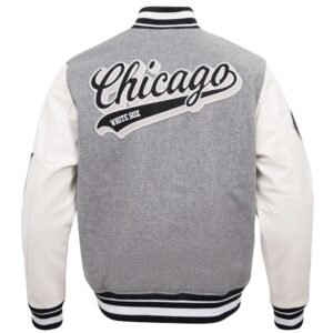 Chicago White Sox Pro Standard Script Tail GreyWhite Rib Wool Leather Varsity Jacket 2